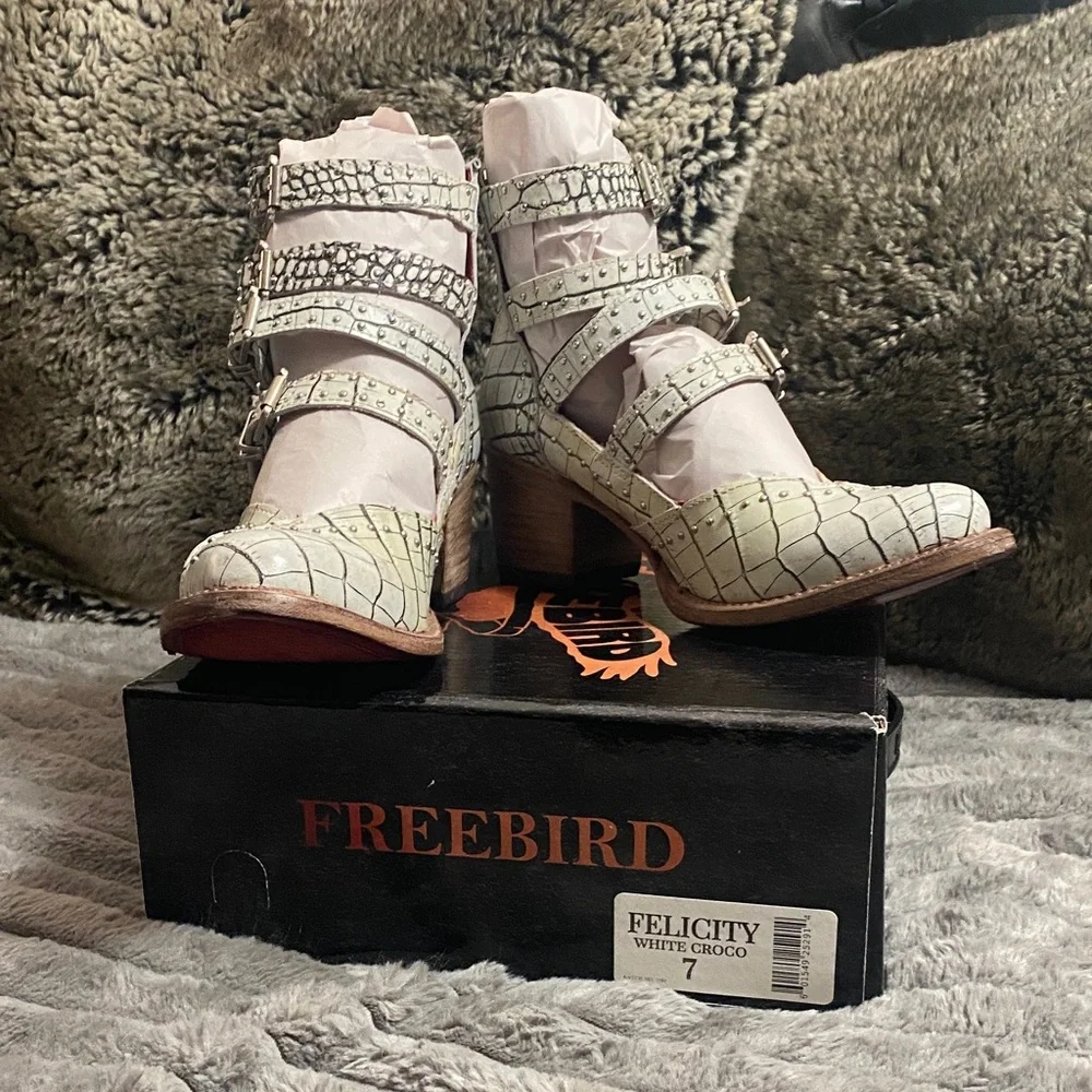 Freebird Croc-Embossed Ankle Booties in Cream and Brown - Picture 2 of 4